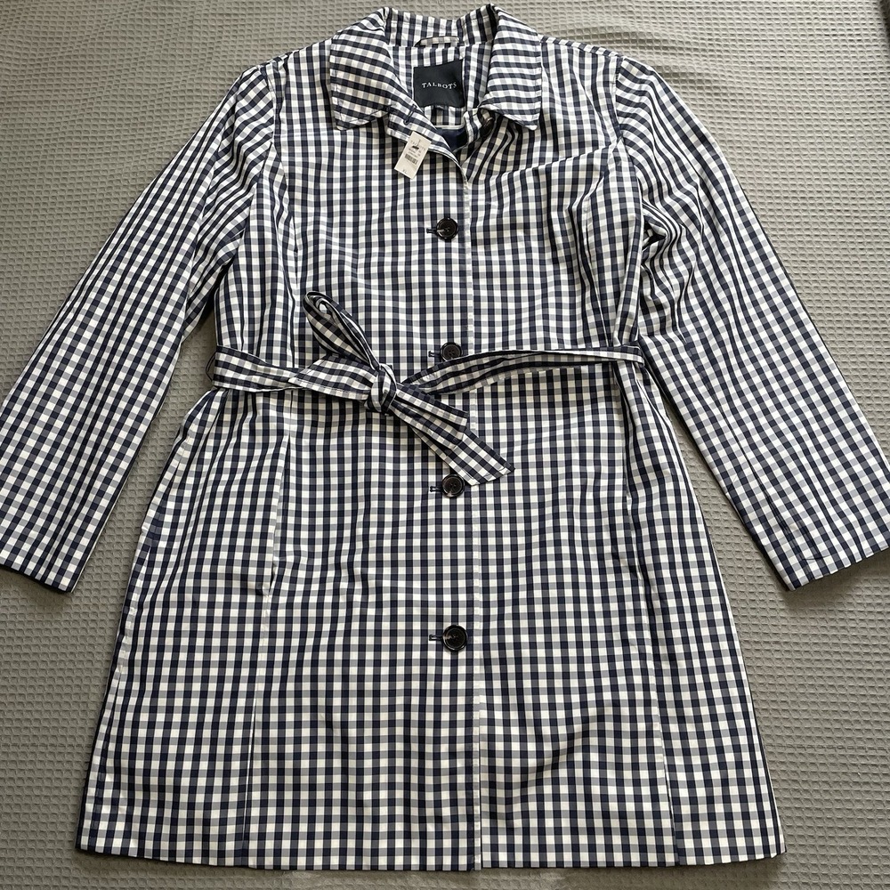 New Talbots Gingham Plaid Rain Trench Jacket XL Womens Navy Blue White